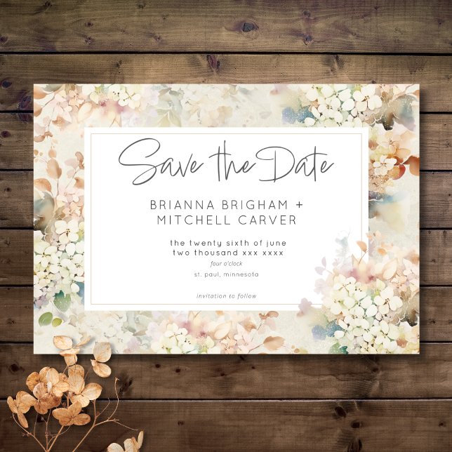 Reserve A Data Casamento de Hydrangeas Neutrais Românticas (Romantic Neutral Vintage Hydrangeas Wedding Save The Date)