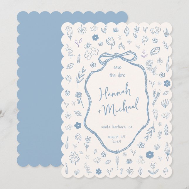 Reserve A Data Casamento de Inverno com Flores Azuis Desenhadas à (Frente/Verso)