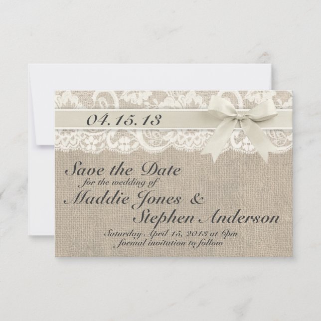 Reserve A Data Casamento de Ivory Lace & Burlap Salve a Data (Frente)