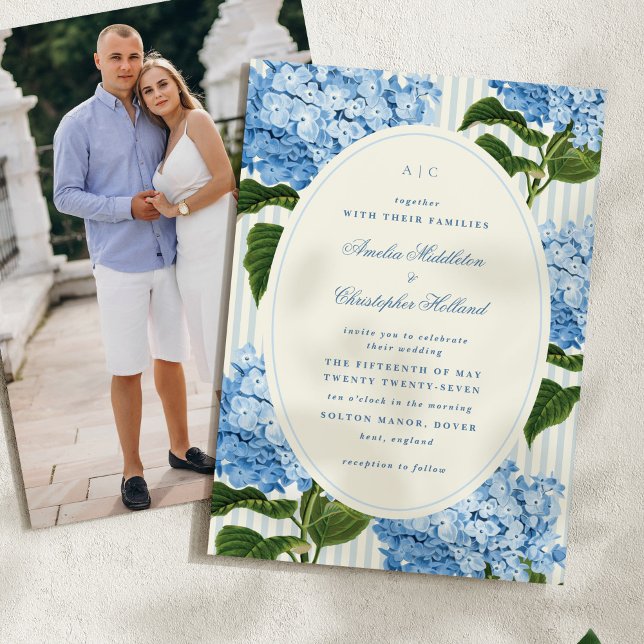 Reserve A Data Casamento de Jardim Azul da Costa Leste Préppy de  (blue watercolour vintage hydrangea flowers save the date card with photo on back)