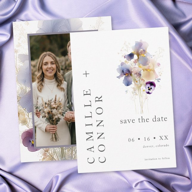 Reserve A Data Casamento de Jardim com Aquarela de Íris Roxa Eleg (Elegant Purple Iris Watercolor Garden Wedding Photo Save The Date)