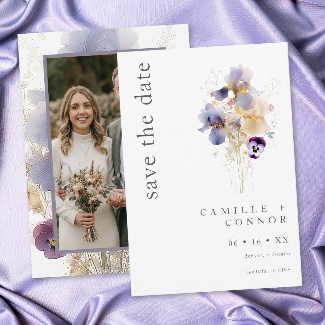 Reserve A Data Casamento de Jardim com Aquarela de Íris Roxa Eleg (Elegant Purple Iris Watercolor Garden Wedding Photo Save The Date)