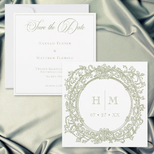 Reserve A Data Casamento de Jardim com Brasão Verde Elegante Vint