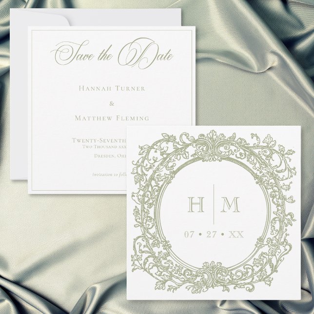 Reserve A Data Casamento de Jardim com Brasão Verde Elegante Vint (Vintage Elegant Green Crest Garden Wedding Save The Date)