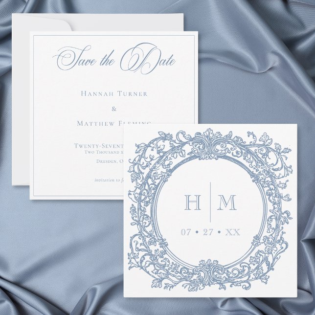 Reserve A Data Casamento de Jardim com Crista Azul Elegante Vinta (Vintage Elegant Blue Crest Garden Wedding Save The Date)