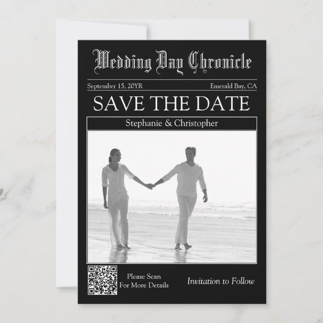 Reserve A Data Casamento de Jornal 1 Foto Código QR Salve a Data (Frente)