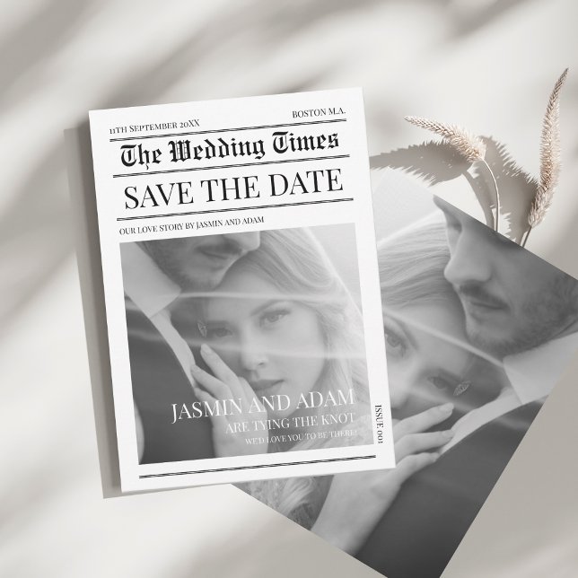 Reserve A Data Casamento de Jornal Preto e Branco Atemporal (Newspaper Black and White Unique Photo Wedding Save The Date)