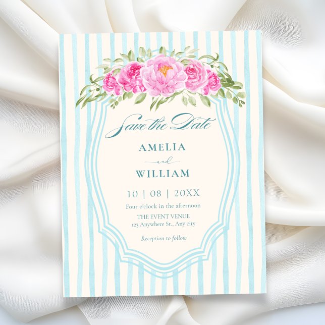 Reserve A Data Casamento de listras florais azuis (Criador carregado)