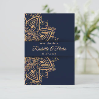 Reserve A Data Casamento de Luxo Azul Dourado Elegante