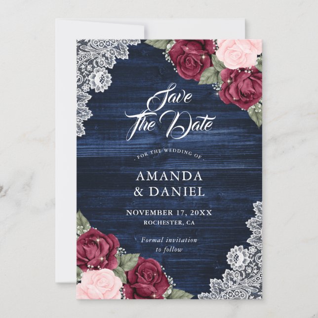 Reserve A Data Casamento de Madeira com Blush Blush Marinho Azul- (Frente)