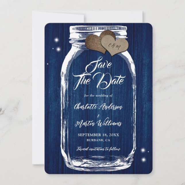 Reserve A Data Casamento de madeira do Marinho Rustic Blue Mason  (Frente)