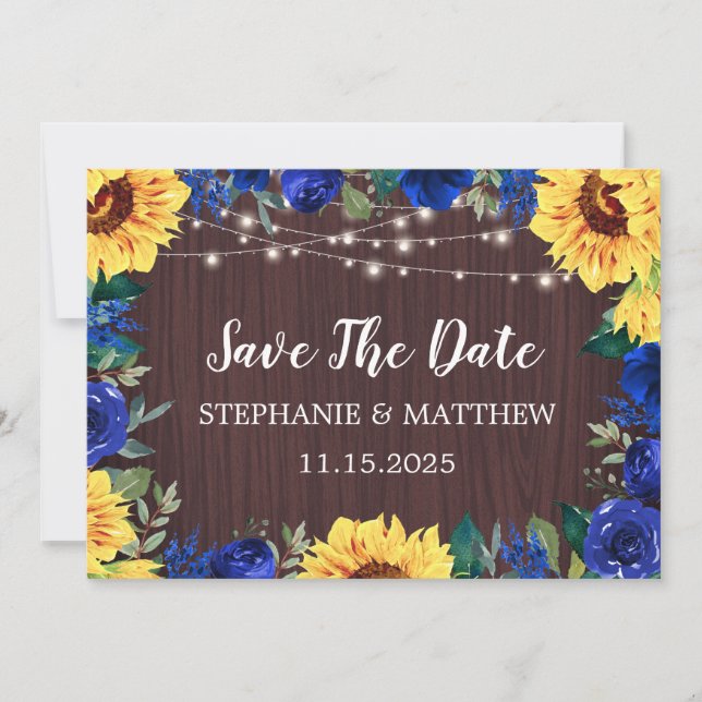Reserve A Data Casamento De Madeira Floral De Girassol Azul (Frente)