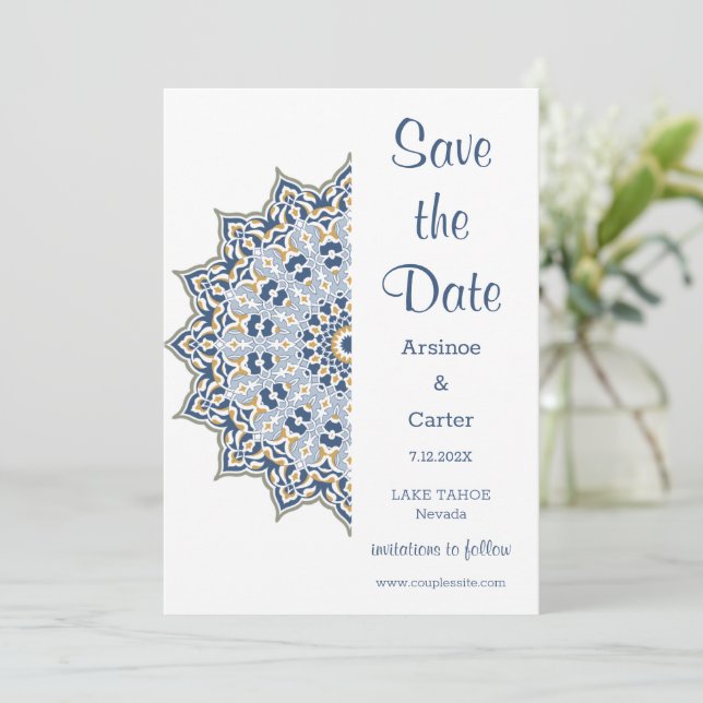 Reserve A Data Casamento de Mandala Preto e Dourado Salvar a Data (Em pé/Frente)