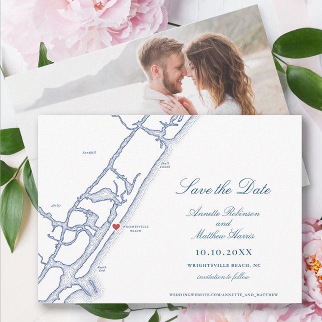 Reserve A Data Casamento de Mapa NC da praia Elegante Wright tsvi (Wrightsville Beach Wedding Save the Date with elegant navy blue North Carolina Map and photo back)