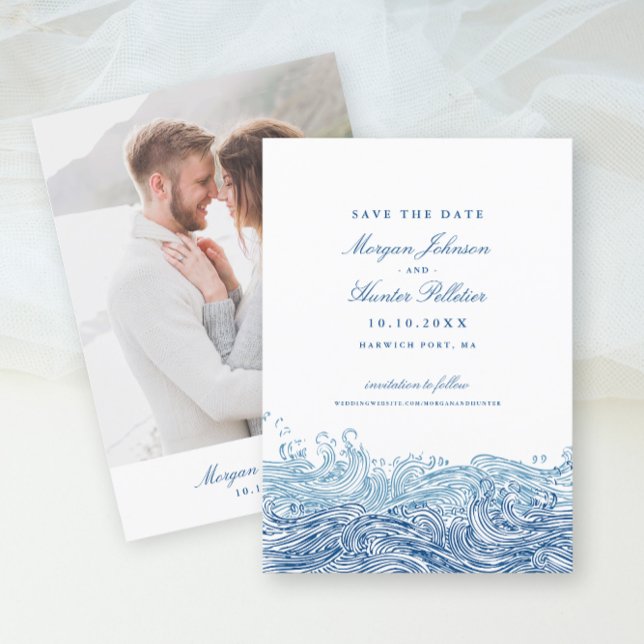 Reserve A Data Casamento de Marinhos Elegante das Ondas do Oceano (Blue Ocean Waves Photo Save the Date in elegant navy blue from Concertina Press)