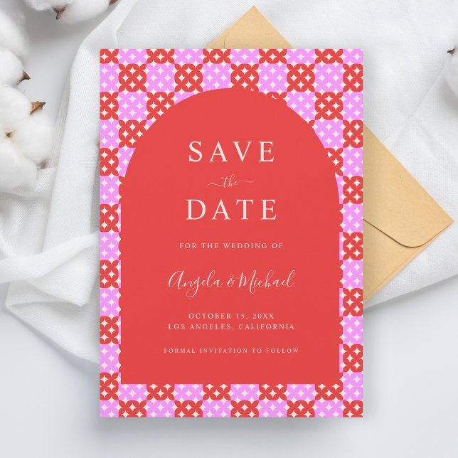 Reserve A Data Casamento de Mod Vermelho e Rosa Brilhante (Criador carregado)