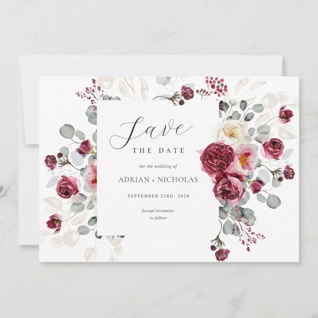 Reserve A Data Casamento de Moldura Floral Blush & Burgundy (Frente)