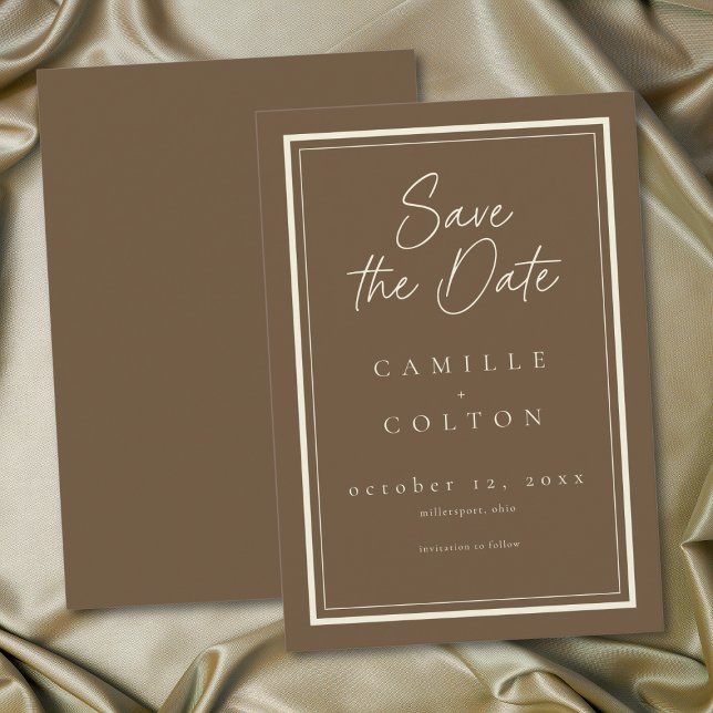 Reserve A Data Casamento de Moldura Mínima Marrom Cacau (Cocoa Brown Minimalist Frame Wedding Save The Date)