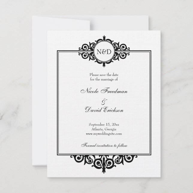 Reserve A Data Casamento de monograma branco preto salvar data (Frente)