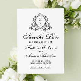 Reserve A Data Casamento de Monograma com Brasão Floral Preto Ele