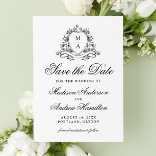 Reserve A Data Casamento de Monograma com Brasão Floral Preto Ele