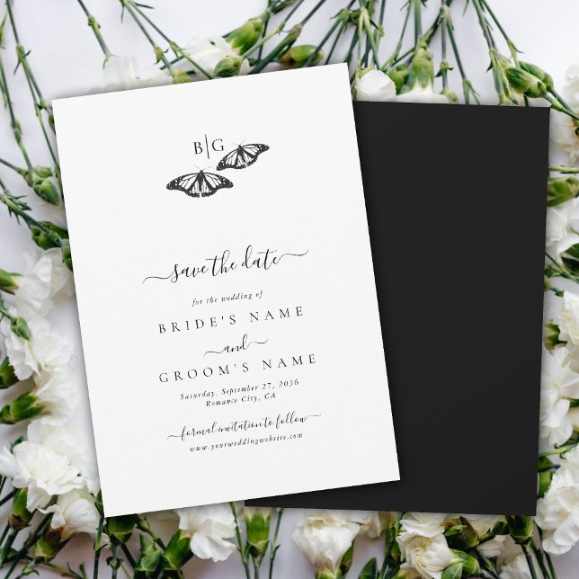 Reserve A Data Casamento de Monograma da Borboleta Branca Minimal (Minimalist Black White Butterfly Monogram Wedding Save The Date)