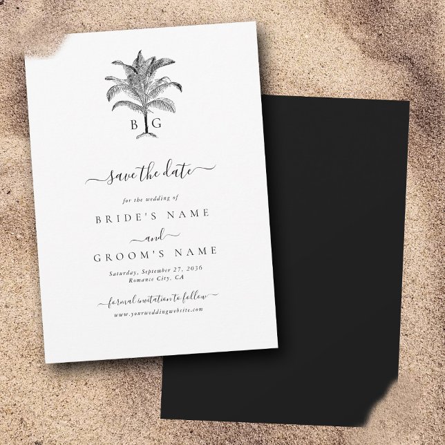 Reserve A Data Casamento de Monograma de Árvore Tropical Minimali (Minimalist Tropical Palm Tree Monogram Wedding Save The Date)