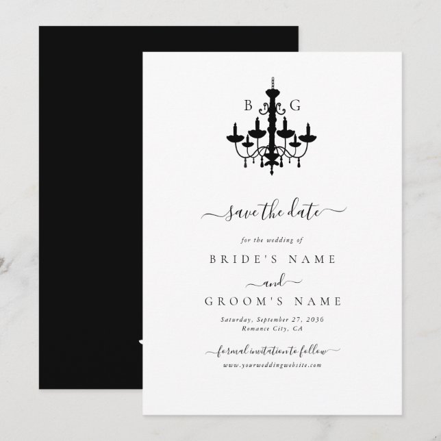 Reserve A Data Casamento de Monograma de Chandelier Branco Preto  (Frente/Verso)