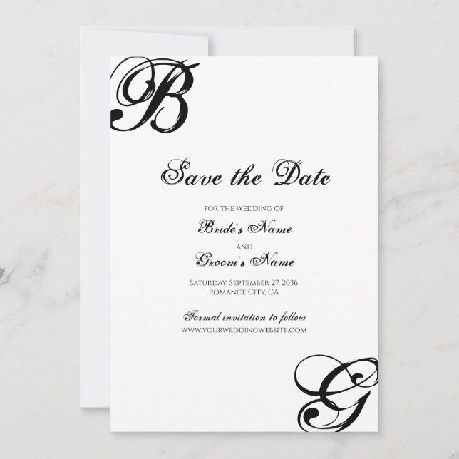 Reserve A Data Casamento de Monograma de Script Preto e Branco (Frente)