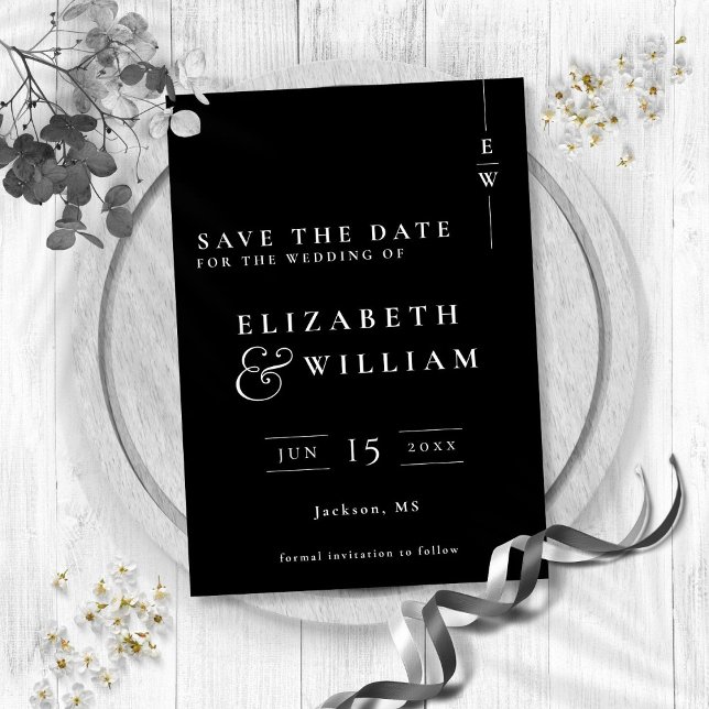 Reserve A Data Casamento De Monograma Moderno E Negro (Black And White Modern Elegant Monogram Wedding Save The Date)