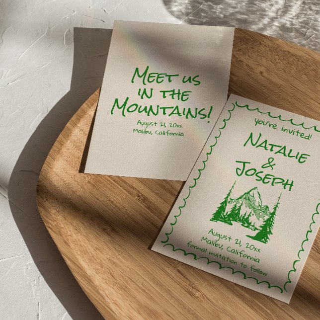 Reserve A Data Casamento de Montanha do Creme Verde Boho Desenhad (Criador carregado)