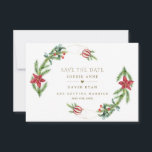 Reserve A Data Casamento de Natal do Pine de Natal Cones Cones<br><div class="desc">Design elegante e único com galhos de pinheiro de cor d'água,  bagas,  bolas de Natal,  arranjo de mãos douradas como uma coroa de férias de inverno sobre fundo branco. Use a ferramenta Personalizar para adicionar suas informações. Para mais ideias,  visite minha Coleção de Feriados de Mãos Douradas.</div>