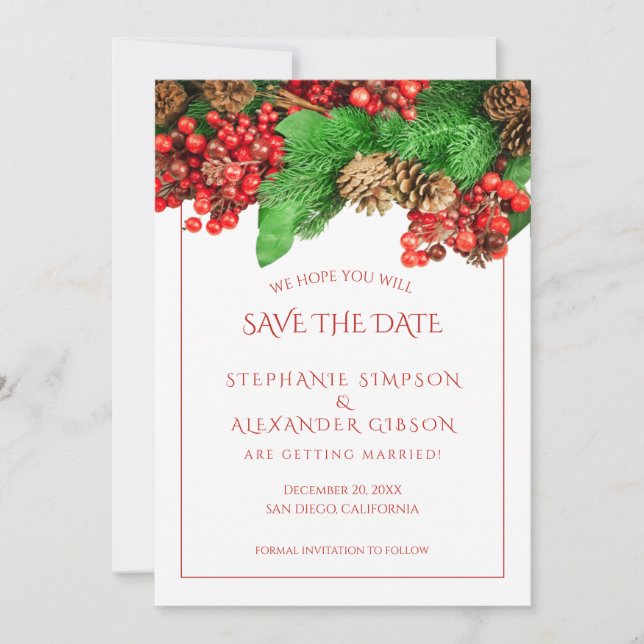 Reserve A Data Casamento de Natal - Greenery Red Berries (Frente)