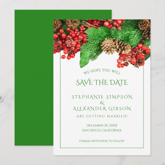 Reserve A Data Casamento de Natal - Greenery Red Berries (Frente/Verso)