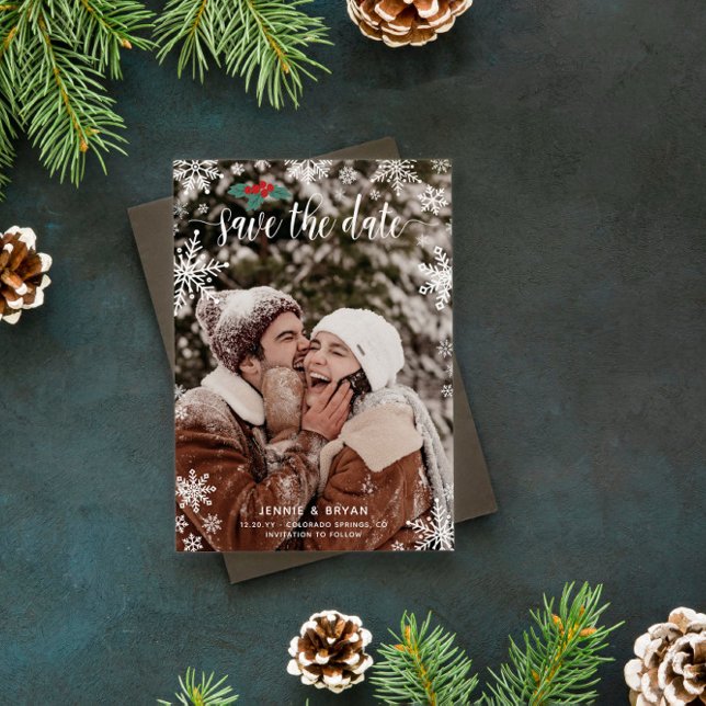Reserve A Data Casamento de Natal Red Holly Snowflakes (Criador carregado)