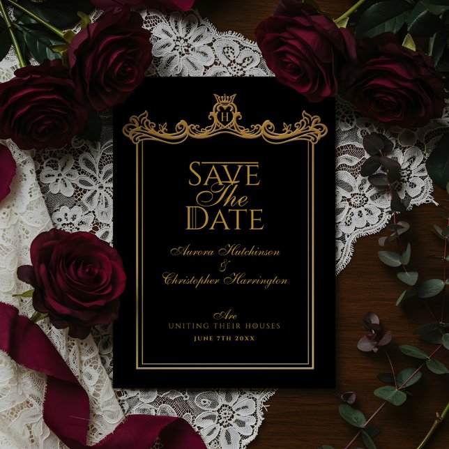 Reserve A Data Casamento de Ornamentado Negra Real Muse Medieval  (Royal Muse Medieval Fantasy Black Ornate Wedding Save The Date)