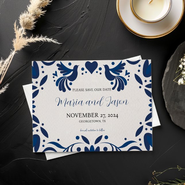 Reserve A Data Casamento de Otomi Blue Floral Elegant Fiesta (Mexican Otomi Blue Floral Elegant Fiesta Wedding Save The Date)