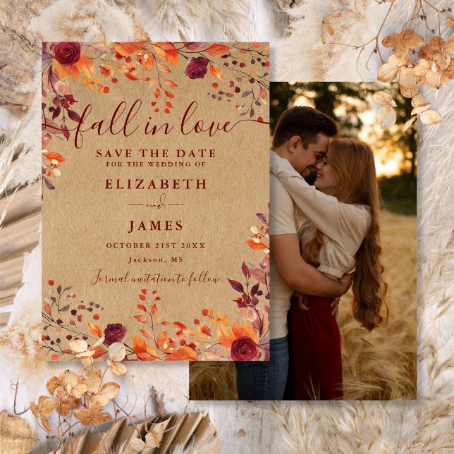 Reserve A Data Casamento de Outono Foto Rústica Borgonha (Burgundy Rustic Fall Autumn Photo Wedding Save The Date)