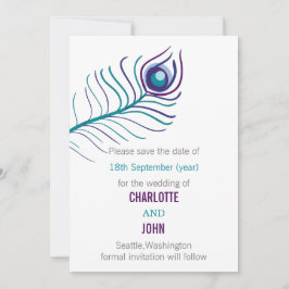 Reserve A Data Casamento de pavão azul-roxo salve as datas
