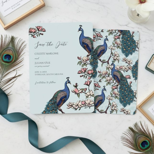 Reserve A Data Casamento de Peacock Floral Azul Elegante (Blue Peacock Save the Dates for Modern Bird Wedding. Vintage Floral Peacock Chinoiserie Engagement )