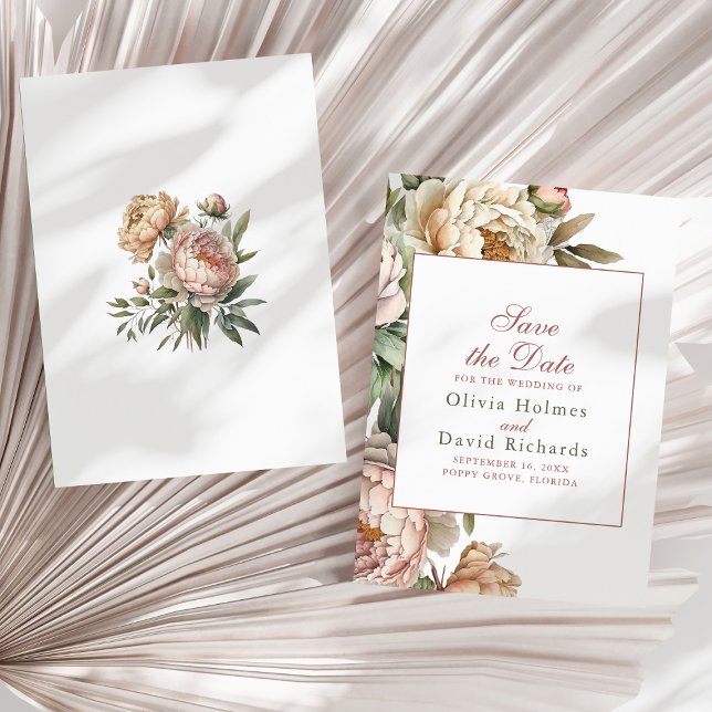 Reserve A Data Casamento de Peões Rosa Rosa Espelhos Elegante (Elegant Watercolor Blush Pink Peonies Wedding Save The Date on a sunny neutral dry palm leaf.)