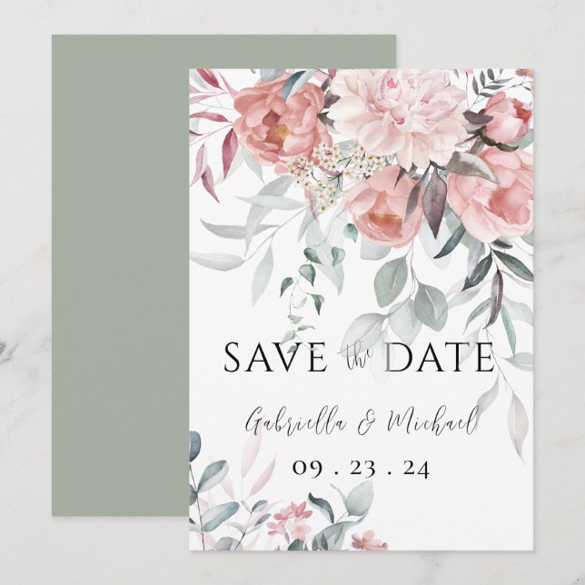 Reserve A Data Casamento de Peônia com Vegetação em Aquarela Rosa (Frente/Verso)