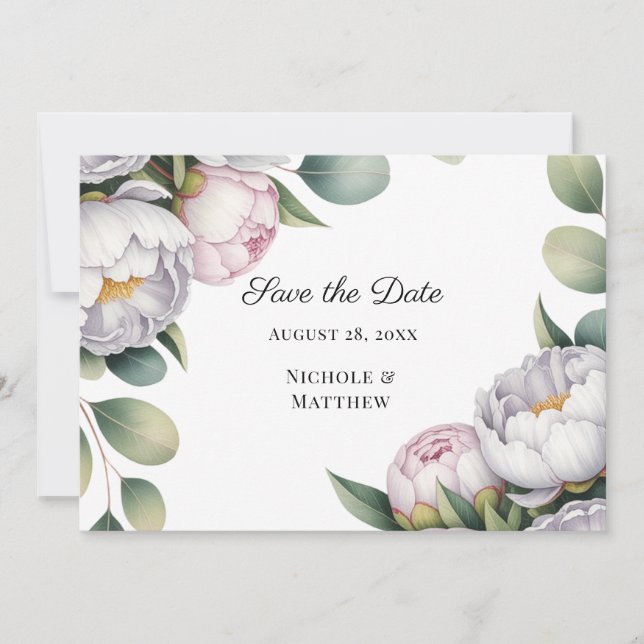 Reserve A Data Casamento de Peônias Brancas em Aquarela (Frente)