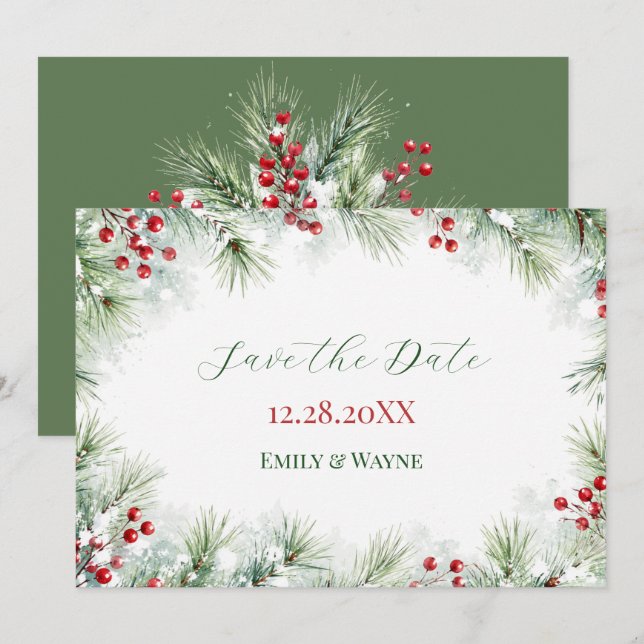 Reserve A Data Casamento de Pinheiro de Inverno e Amora Vermelha (Frente/Verso)