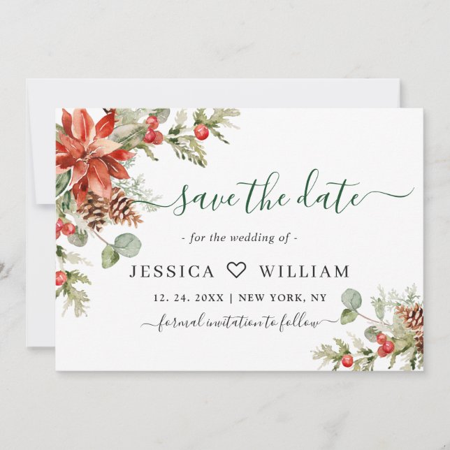 Reserve A Data Casamento de Poinsettia Pine Watercolor Elegante (Frente)