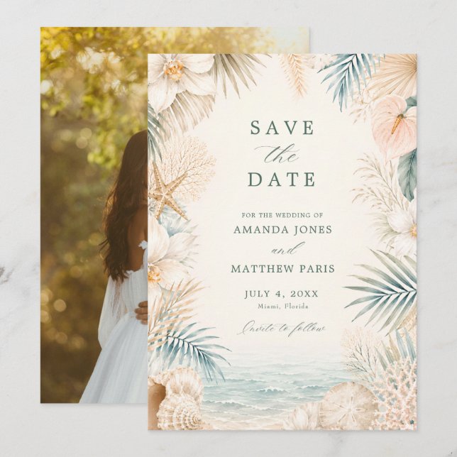 Reserve A Data Casamento de Praia com Foto Elegante à Beira-Mar (Frente/Verso)