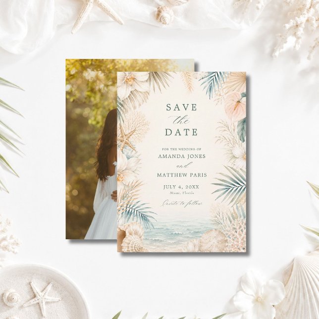Reserve A Data Casamento de Praia com Foto Elegante à Beira-Mar (Elegant Coastal Photo Beach Wedding Save The Date)