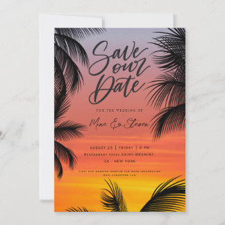 Reserve A Data Casamento de praia com pôr do sol aquarela em palm