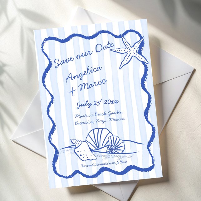 Reserve A Data Casamento de praia com vassoura-de-mão azul (Seashells blue handrawn wavy border beach destination wedding save the date cards template )