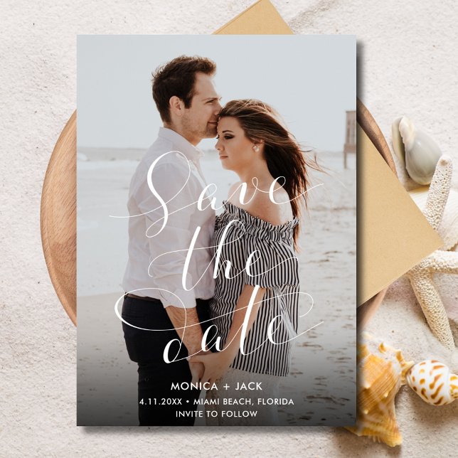 Reserve A Data Casamento de Praia da Flórida Elegante (Elegant Script Photo Florida Beach Wedding Save The Date)